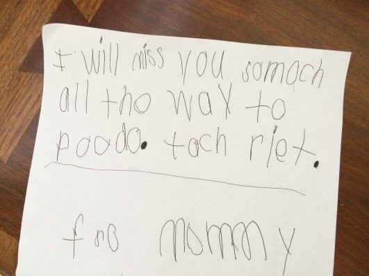 Translation:  I will miss you so much all the way to Pluto. That's right.  For Mommy. 