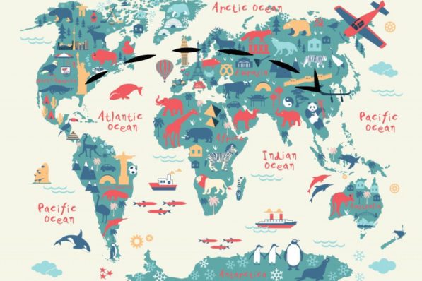 Kids world map with arrow